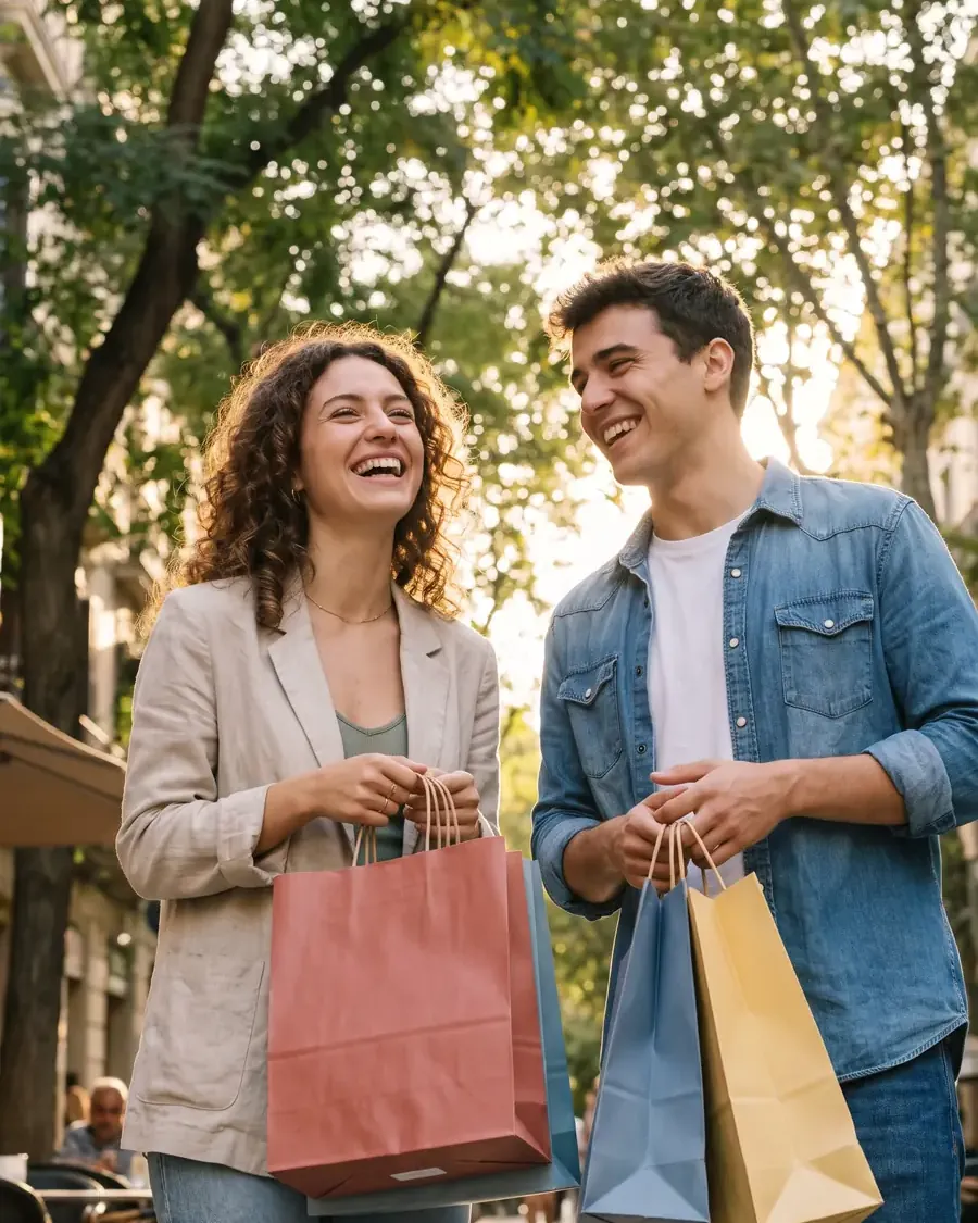 Friends laughing on a sunny street, carrying shopping bags